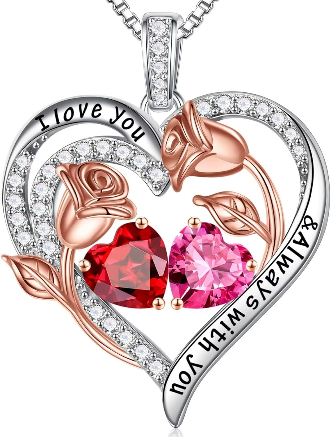 Iefil Birthstone Necklace for Women - 925 Sterling Silver Rose Heart Birthstone Necklace Birthday Anniversary Jewelry Gifts for Her Wife Mom Daughter