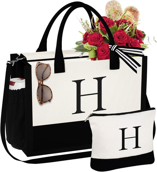 YOOLIFE Gifts for Women - Initial Tote Bag & Makeup Bag, Birthday Gifts for Women Mom Wife Teacher Friend