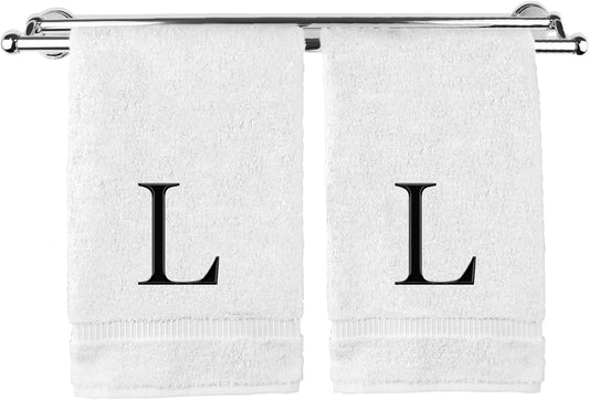 Monogrammed Hand Towel, Personalized Gift, Set of 2- Black Block Letter Embroidered Towel - Extra Absorbent 100% Turkish Cotton - Soft Terry Finish - Initial L White