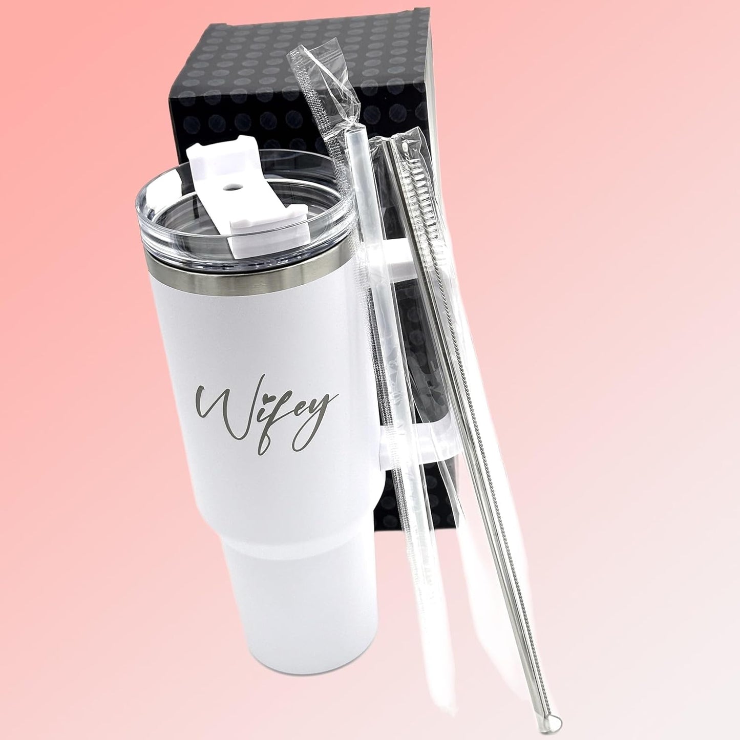 QualityVibe Wifey & Hubby Wedding Gift 40 oz Engraved Tumbler Set Of 2 For couples With Straw & Brush. Christmas or Engagement Gift Set For Bride & Groom.