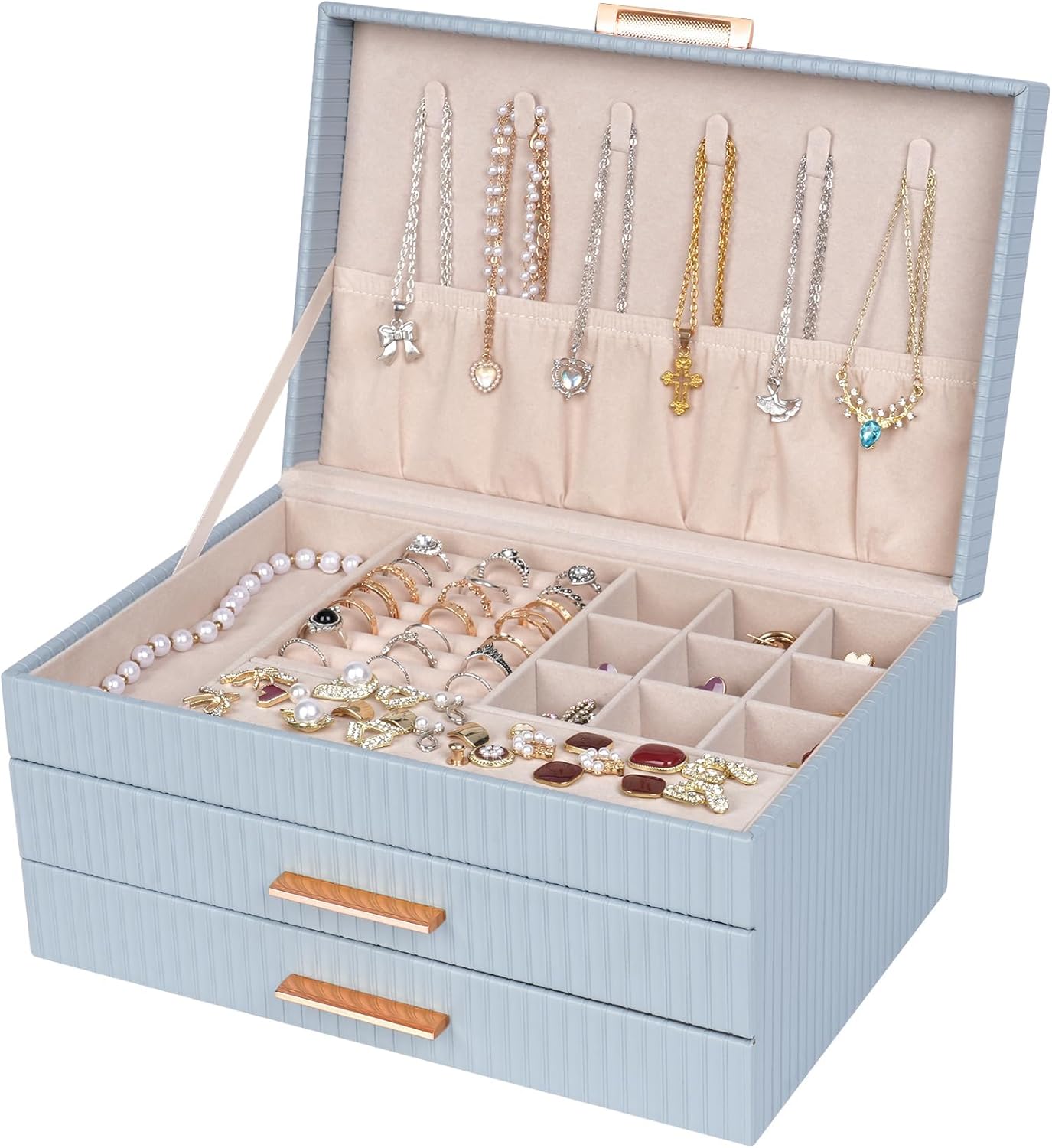 Dajasan Jewelry Organizer Box, Jewelry Storage Organizer with 2 Drawers, 3-Tier Large Jewelry Gift Box for Women, Girls, Friends, Wife or Mother, Gift Idea (Smoky Blue)