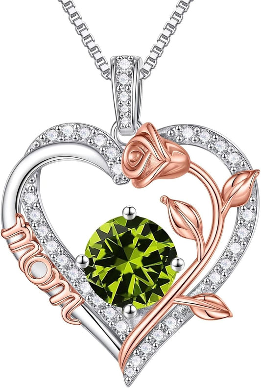 Iefil Gifts for Mom - 925 Sterling Silver Rose Round Birthstone Necklace Christmas Birthday Gifts Jewelry for Her Heart Pendant Necklace for Women Bonus Mom Mother in Law