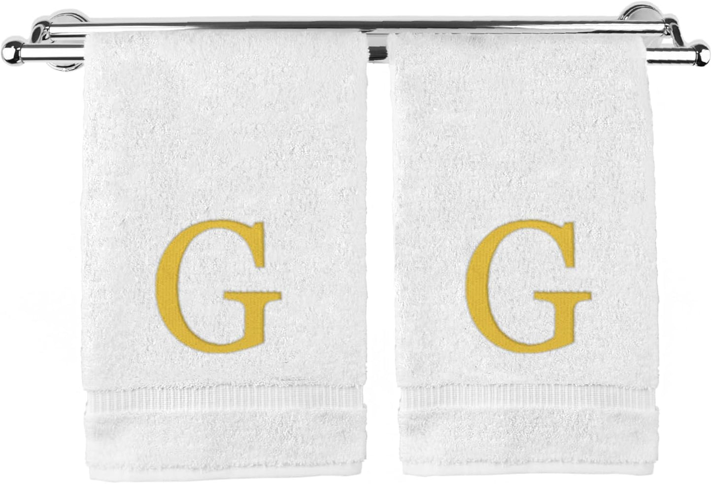 Monogrammed Hand Towel, Personalized Gift, Set of 2- Gold Block Letter Embroidered Towel - Extra Absorbent 100% Turkish Cotton - Soft Terry Finish - Initial G White