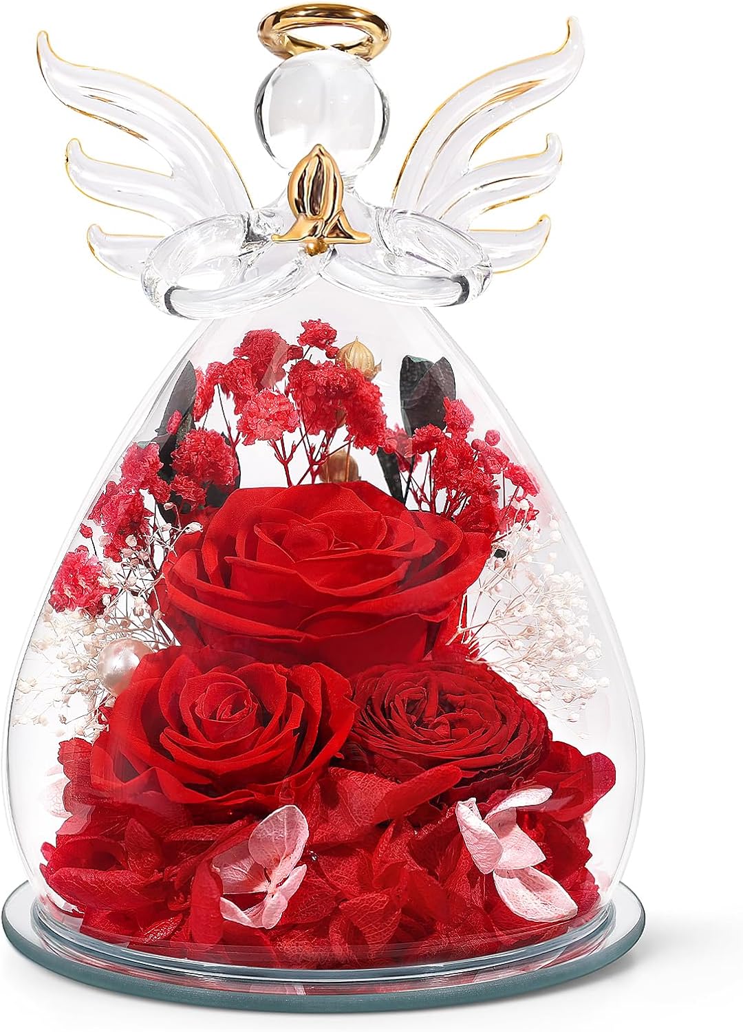 Gifts for Women Preserved Rose Forever Flower in Glass Angel Figurines Fresh Flowers for Delivery Prime Mothers Day Birthday Gifts for Mom Real Red Roses for Grandma Sister Wife Her from Daughter