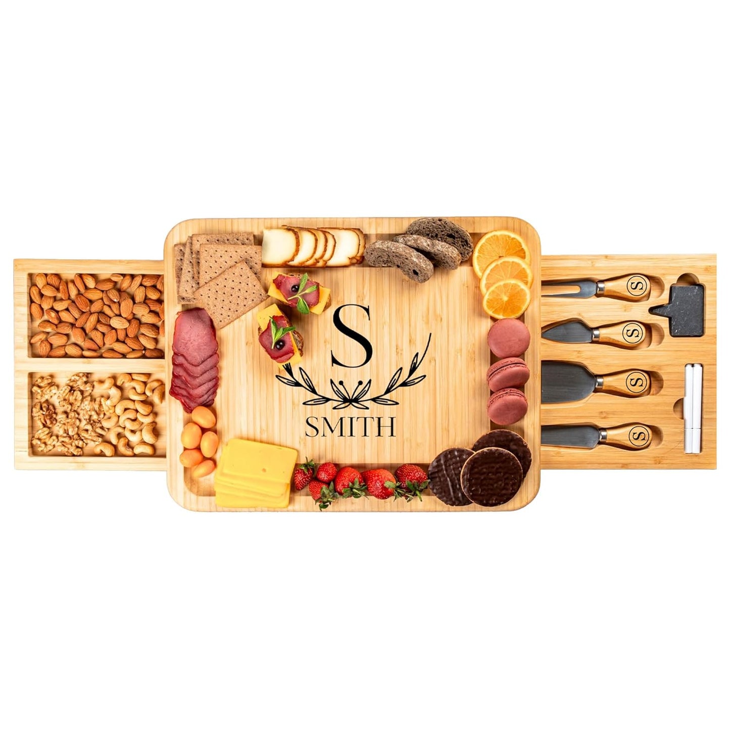 Personalized Bamboo Charcuterie Board with Drawer & Utensils – Custom Cheese & Cutting Board Gift for Wedding, Housewarming, Christmas, Anniversary, Couples & Kitchen Use