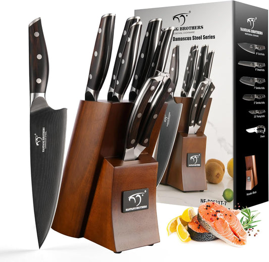 7-Piece Damascus Knife Set with Wood Block - Black Titanium Coated Kitchen Knives for Professional Chefs & Home Cooking | Ultra Sharp Chef Knife Set with Kitchen Shears
