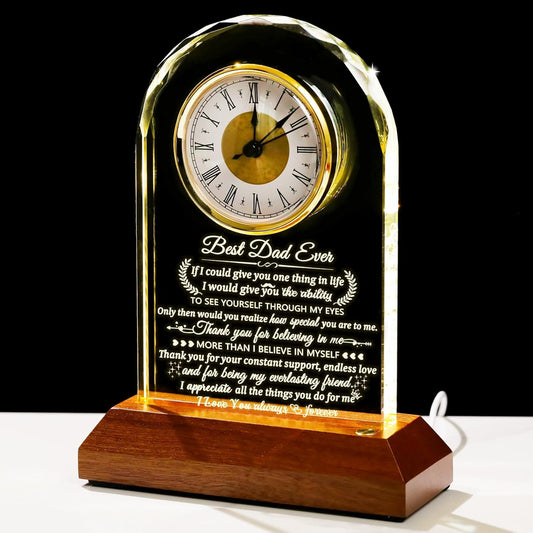 Glass Clock Gifts for Dad From Son Daughter with Wooden Light Base, Personalized I Love You Gift for Dad Who Has Everything on Birthday Father's Day, Presents for Daddy on Christmas Home Desk Clock