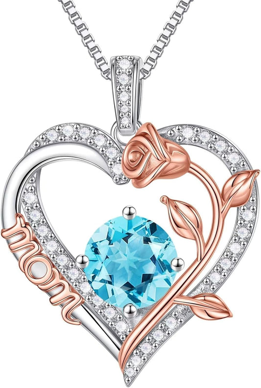 Iefil Gifts for Mom - 925 Sterling Silver Rose Round Birthstone Necklace Christmas Birthday Gifts Jewelry for Her Heart Pendant Necklace for Women Bonus Mom Mother in Law