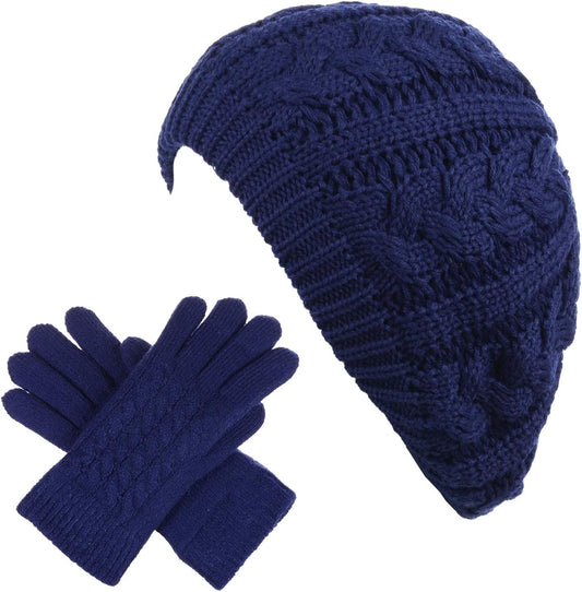BYOS Womens Winter Cozy Cable Fleece Lined Knit Beret Beanie Hat (Set Available)