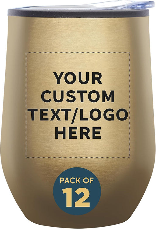 Custom Stemless Wine Tumblers 12 oz. Set of 12, Personalized Bulk Pack - Insulated, Perfect for Wine, Cocktails, Other Hot & Cold Beverages - Gold