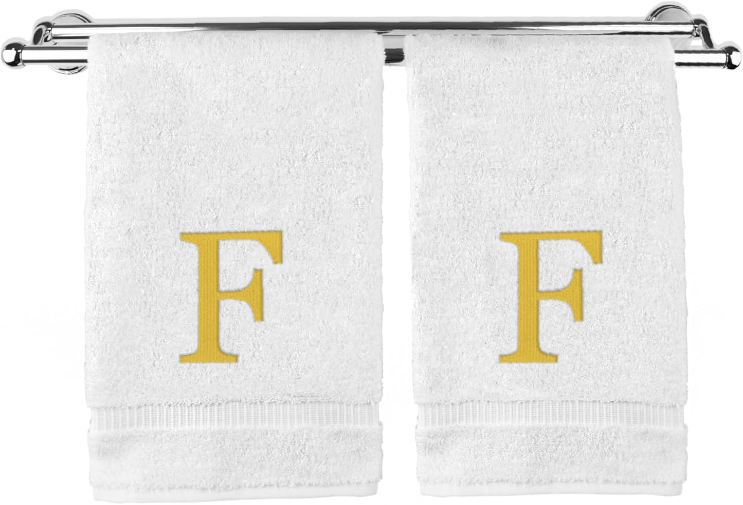 Monogrammed Hand Towel, Personalized Gift, Set of 2- Gold Block Letter Embroidered Towel - Extra Absorbent 100% Turkish Cotton - Soft Terry Finish - Initial F White