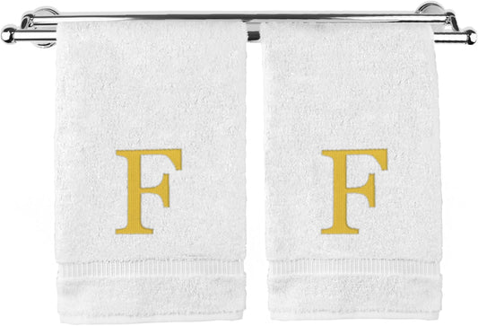 Monogrammed Hand Towel, Personalized Gift, Set of 2- Gold Block Letter Embroidered Towel - Extra Absorbent 100% Turkish Cotton - Soft Terry Finish - Initial F White