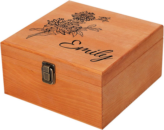 Personalized Wooden Keepsake Memory Box with Birth Flower & Name, Custom Wood Decorative Storage Box with Lids Customized Christmas Gift Box for Women Teen Girls Mom Birthday Gifts