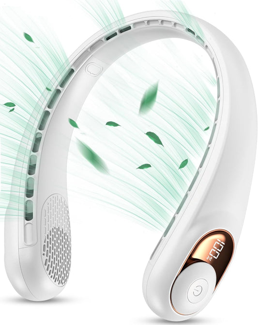 KIDEE Neck Fan, Portable Fan, Neck Fans Rechargeable, Upgraded LED Display, 4000 mAh Battery Operated, 3 Speeds Adjustable Personal Wearable Fan, Gifts for Women Men, Pearl White