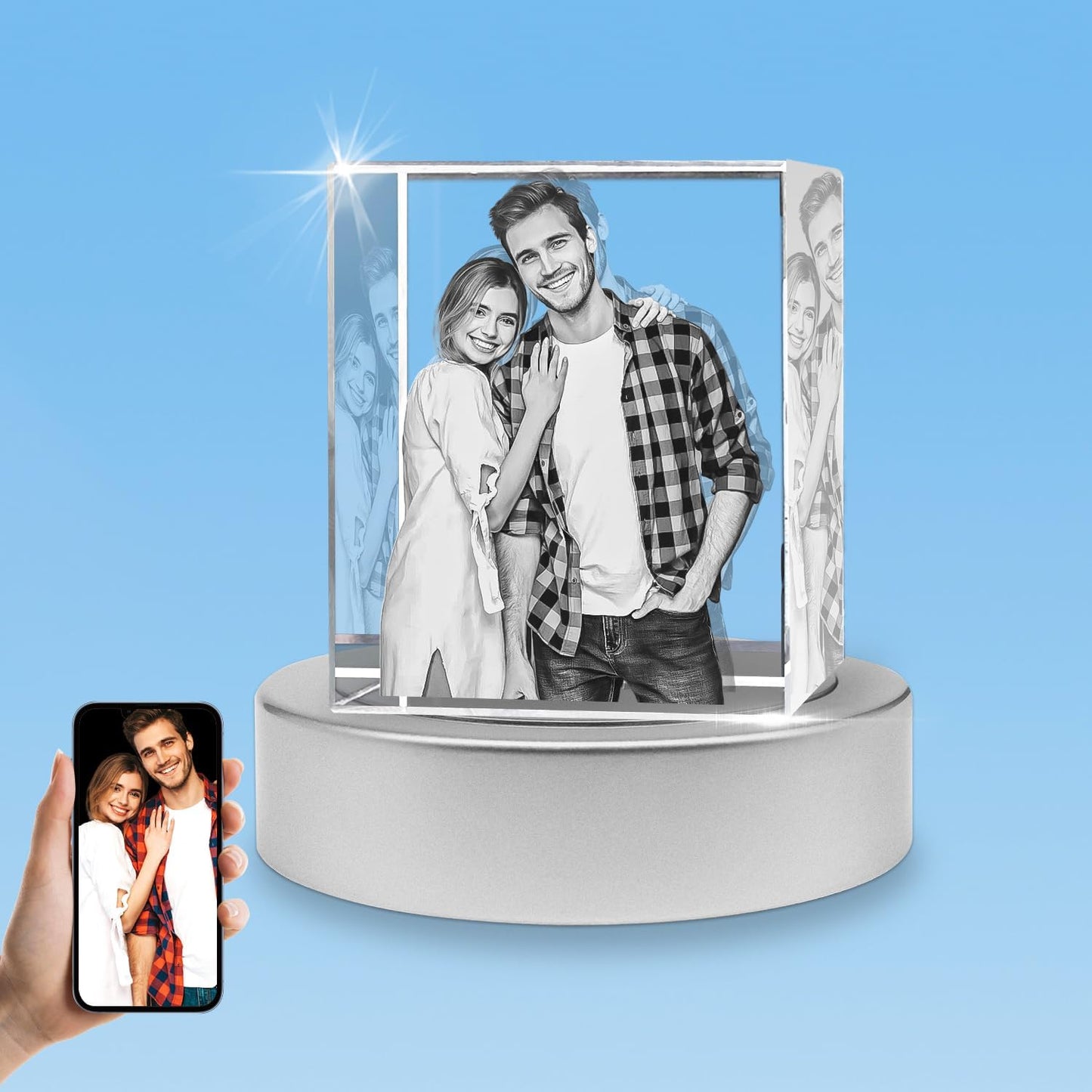 HAN'S LASER 3D Crystal Photo with Light Base, Custom Glass Picture Cube with Your Own Photo for Mom Dad Her Him, Personalized Memorable Gifts for Birthday Anniversary Christmas, Medium Portrait