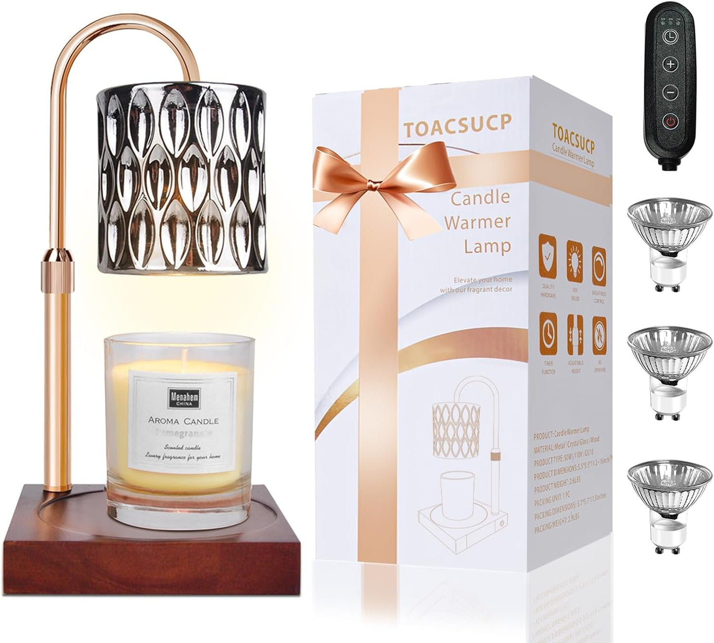 Candle Warmer Lamp with 3 Bulbs, Adjustable Height Dimmable Candle Warmer with Timer, Compatible with Large Jar Candles, Candle Lamp with Charming Gift Box Ribbon for Her/Him
