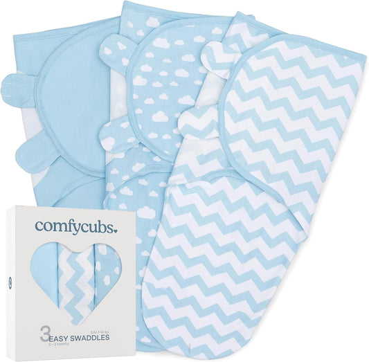 Comfy Cubs Easy Swaddle Blanket, 3 Pack - 100% Cotton Newborn Wrap, Small for 0-3 Months Infants, with Adjustable Velcro, Breathable and Durable Sleep Sack for Babies - Blue