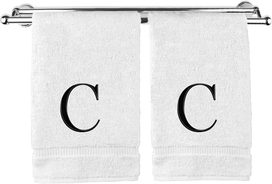 Monogrammed Hand Towel, Personalized Gift, Set of 2- Black Block Letter Embroidered Towel - Extra Absorbent 100% Turkish Cotton - Soft Terry Finish - Initial C White