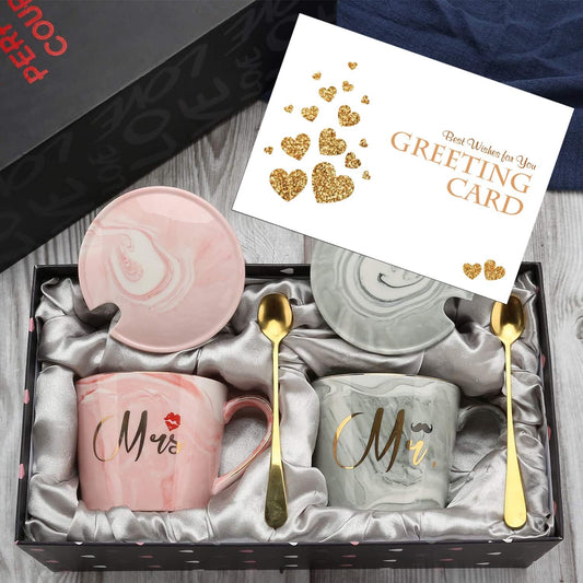 EXREIZST Mr And Mrs Couple Coffee Mugs Set- Wedding Gifts for Bride and Groom Mugs, His and Hers Gift Anniversary, Bridal Gifts for Engagement Birthday Party - Married Couples Ceramic Marble Cups