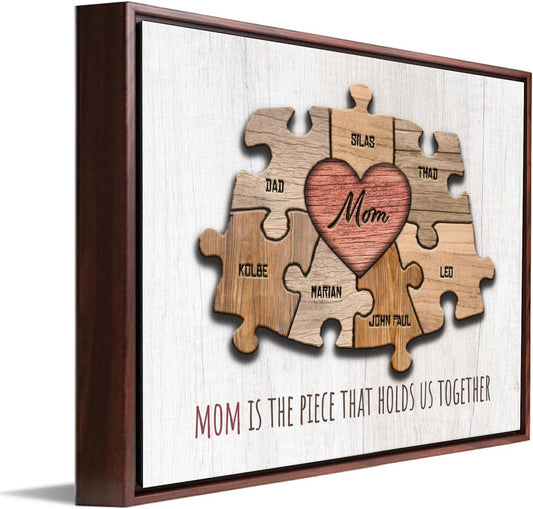 Personal-Prints MOM & Children Personalized HEART Puzzle Wall Art | Unique Customized with up to 8 Names | Mother’s Day, Birthday or Christmas Gift (12"x16" Float Framed Canvas, 7 Children)