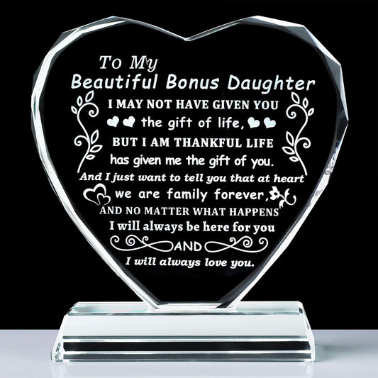 YWHL Bonus Daughter Gifts from Mom Dad, To My Bonus Daughter Heart Shaped Crystal Keepsake, Gifts for Stepdaughter from Stepmom Stepdad on Birthday Christmas Graduation