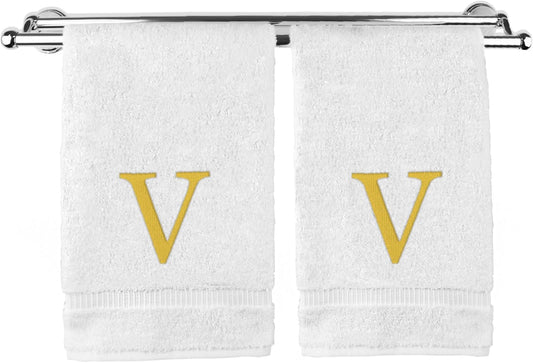 Monogrammed Hand Towel, Personalized Gift, Set of 2- Gold Block Letter Embroidered Towel - Extra Absorbent 100% Turkish Cotton - Soft Terry Finish - Initial V White