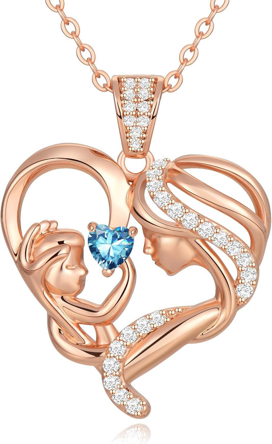 Mothers Day Gifts for Mom Wife Her Grandma, S925 Sterling Silver Birthstone Necklaces Jewelry for Women, Mother's Day Love Heart Pendant Necklace for Anniversary Birthday Christmas Day