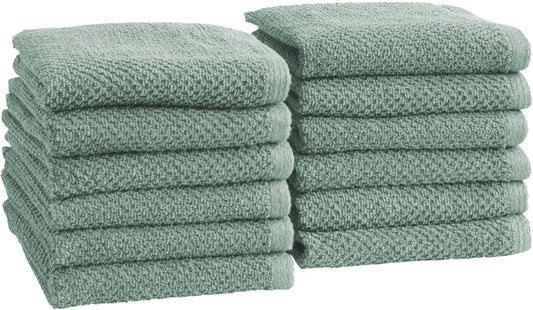 Green Washcloth- 100% Cotton 12-Pack 13x13 Wash Cloth - Absorbent, Quick-Drying, Durable Face Towels for Bathroom Decor - Low-Twist, Two-Ply Fibers (Eucalyptus)