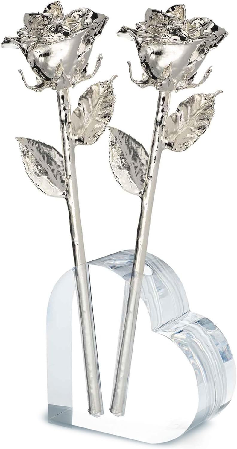 Forever Rose Two Real Roses Dipped in Silver, Handcrafted Preserved Roses in Acrylic Heart Vase and Luxury Gold Gift Box, Romantic Gift for Her, Elegant Gift for Any Special Occasion