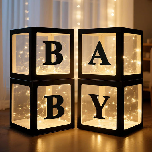 Ledido Baby Boxes with Letters for Baby Shower Decorations, 4 pcs Clear Baby Balloon Boxes Blocks Decor with LED Fairy String Lights for Boy Girl Gender Reveal Decorations Backdrop Party (Black)