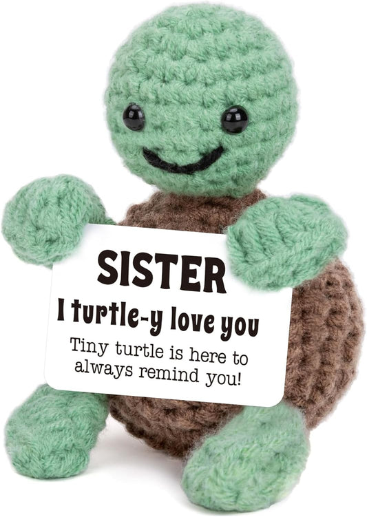 Mini Funny Turtle Sister Gifts Birthday, Soul Sister Friend Gifts for Women Girls Presents, I Love You Small Cute Stuff Things, Handmade Emotional Positive Crochet Turtle
