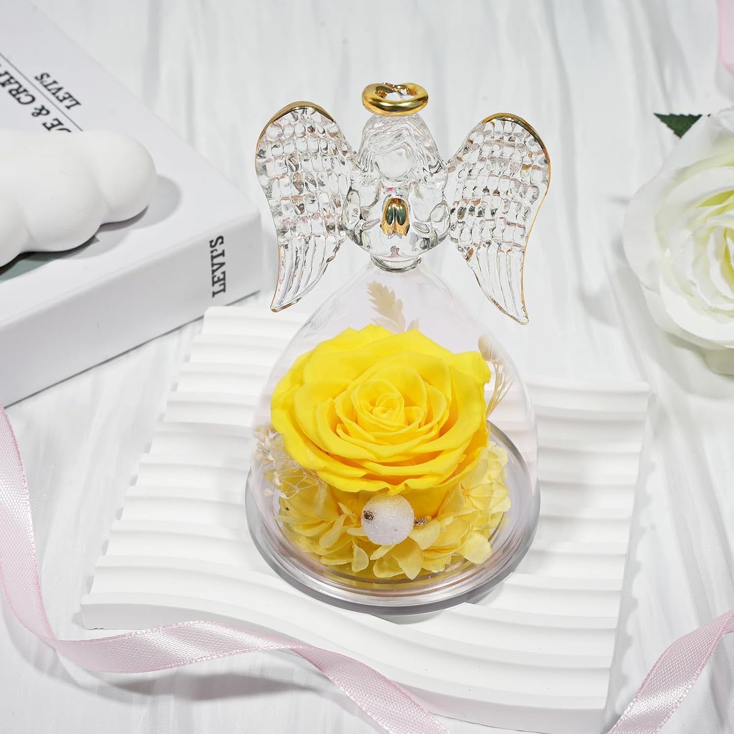 Sunia Preserved Flower Rose Gift for Women - Mother's Day Birthday Gifts for Mom Wife Grandma, Glass Angel Figurines Forever Real Roses Gifts for Her Valentine Day Thanksgiving﻿ (Yellow)