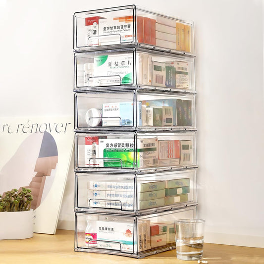 clear Drawer-Type Plastic Storage Box Bins Organizer，Family First Aid Kits Medicine cabinet Box Organizer,Closet ，Shelf，Ointments, Adhesive Bandages，Cosmetics,Office Items (clear, 6L)