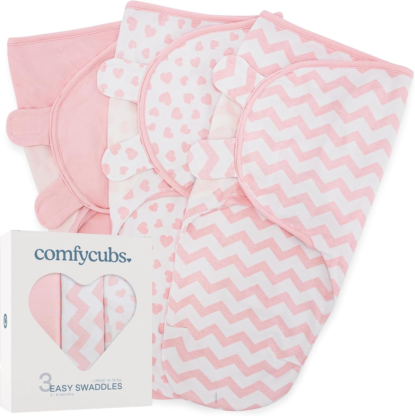 Comfy Cubs Easy Swaddle Blanket, 3 Pack - 100% Cotton Newborn Wrap, Large for 3-6 Months Infants, with Adjustable Velcro, Breathable and Durable Sleep Sack for Babies - Pink