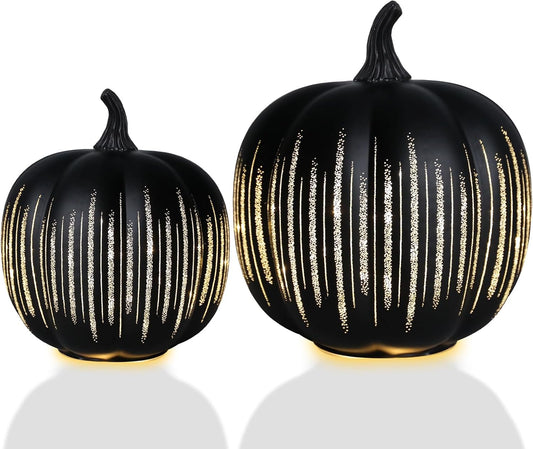 Bdor Halloween Pumpkin Decorations, 2-Piece LED Black Pumpkins Set with Gold Stripes, 8.66" & 6.69" Light Up Fall Decor for Tabletop, Home, Party