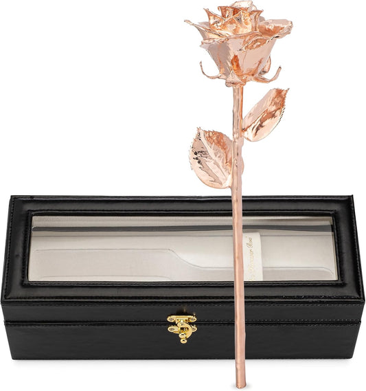 Forever Rose Real Rose Dipped in Rose Gold, Handcrafted Preserved Rose in Luxury Leather Display Case with LED Light, Romantic Gift for Her, Elegant Keepsake for Anniversary, Birthday Special Occasion