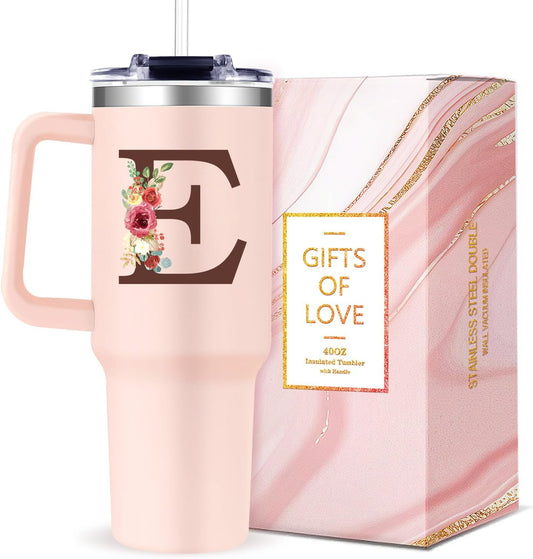 Monogrammed 40oz Tumbler with Handle for Women, Personalized Birthday Gifts for Women,Initial Cups for Woman Floral Letter E,Customized Gifts for Female Lady Gift for Mothers Day Christmas