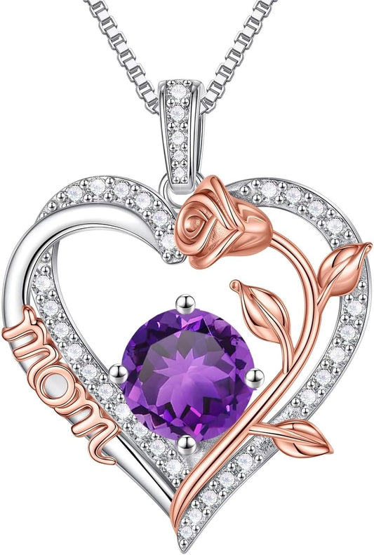 Iefil Gifts for Mom - 925 Sterling Silver Rose Round Birthstone Necklace Christmas Birthday Gifts Jewelry for Her Heart Pendant Necklace for Women Bonus Mom Mother in Law