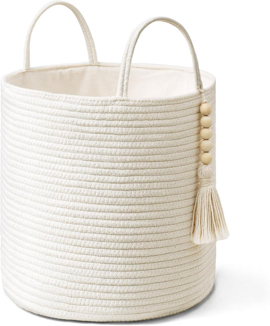 Mkono Woven Storage Basket with Handles Decorative Cotton Rope Basket Wooden Bead Decoration for Blankets,Toys,Clothes,Living Room Home Decor, 11", White