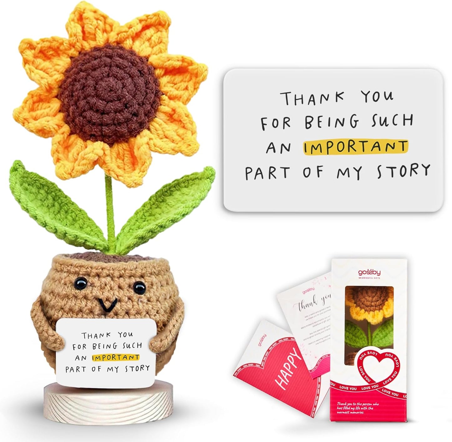 Gossby Handmade Positive Sunflower Doll Crochet Plant - Appreciation Thank You for Being an Important Part Gift for Coworker, Sister Friend, Teacher - Mothers Day, Christmas, Birthday Gift Women, Men