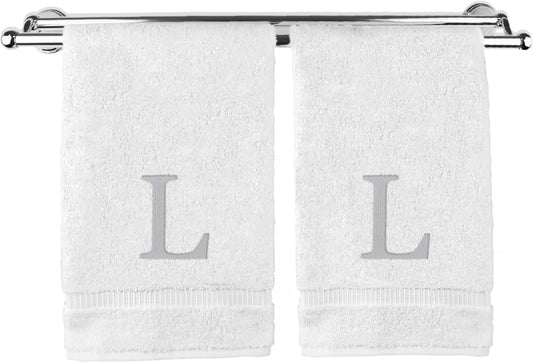Monogrammed Hand Towel, Personalized Gift, Set of 2- Silver Block Letter Embroidered Towel - Extra Absorbent 100% Turkish Cotton - Soft Terry Finish - Initial L White