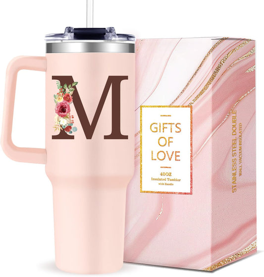 Monogrammed 40oz Tumbler with Handle for Women, Personalized Birthday Gifts for Women,Initial Cups for Woman Floral Letter M,Customized Gifts for Female Lady Gift for Mothers Day Christmas