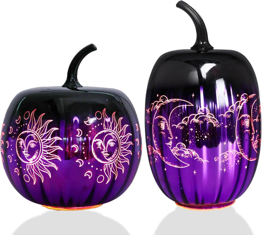 Bdor Halloween Purple Glass Pumpkin Lights Set of 2 – Witchy LED Lighted Pumpkins with Moon & Sun Designs – Spooky Fall Decor for Tabletop, Mantel, or Party Centerpiece