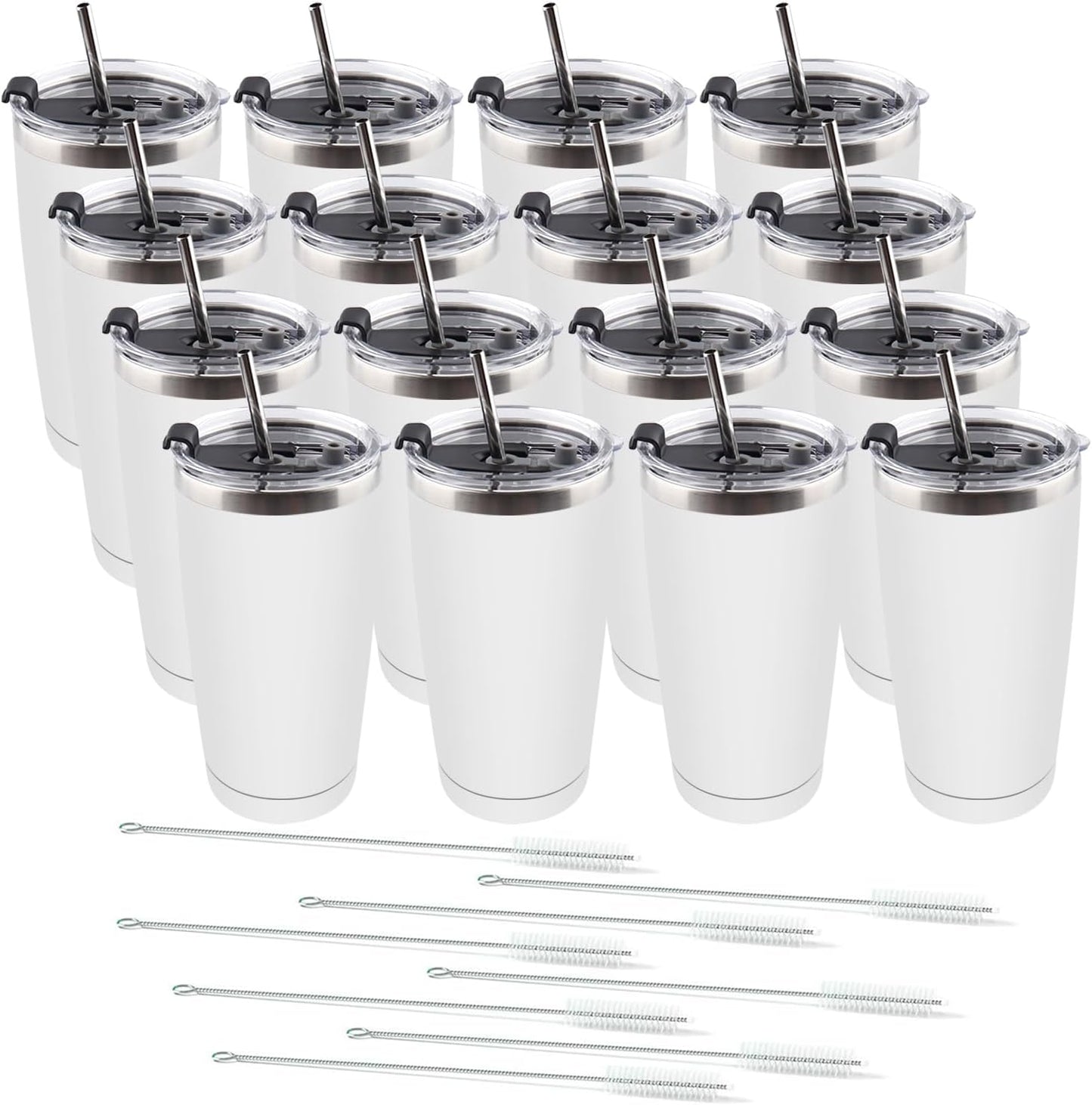 Amtidy 16 Pack 20oz Stainless Steel Tumbler with Lid, Powder Coated Vacuum Insulated Tumbler Cup, With straw and cleaning brushDouble Wall Coffee Tumbler, Powder Coated Travel Mug