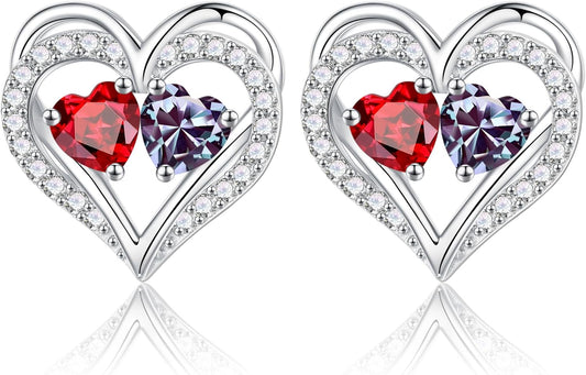 Iefil Birthstone Earrings for Women - 925 Sterling Silver Heart Earrings Anniversary Birthday Gifts for Women Wife Girlfriend Mom