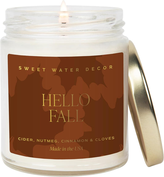 Sweet Water Decor Hello Fall Candle - Cinnamon Apples Cloves & Nutmeg Fall Scented Candle for Home Decor - 100% Cotton Wick Halloween Candle with 40 Hour Burn Time - Made in the USA - 9oz Clear Jar