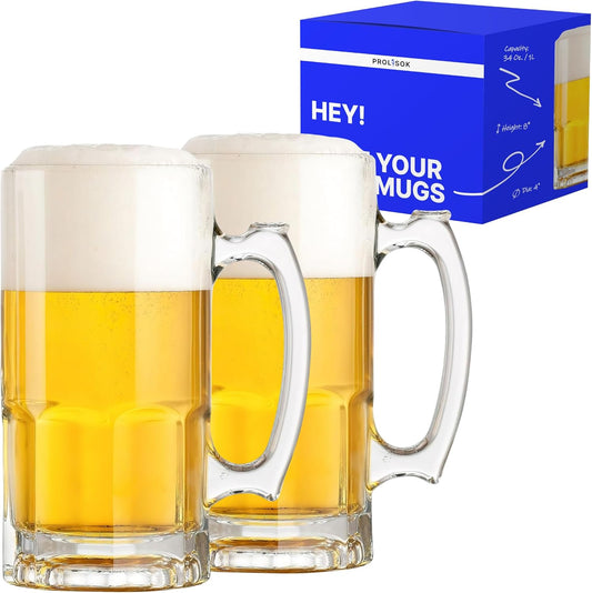 Glass Beer Mugs with Handle – 34 fl. oz. / 1L – Large & Heavy Beer Stein for Root Beer – Best Gift for Men Father Boyfriend Brother Dad – Set of 2