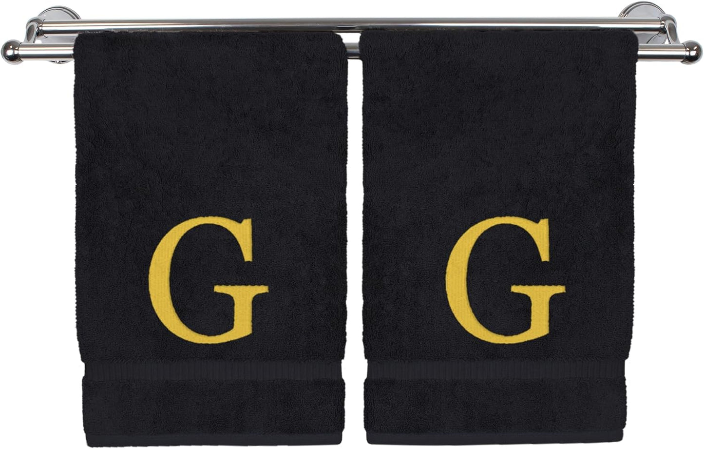 Monogrammed Hand Towel, Personalized Gift, Set of 2- Gold Block Letter Embroidered Towel - Extra Absorbent 100% Turkish Cotton - Soft Terry Finish - Initial G Black