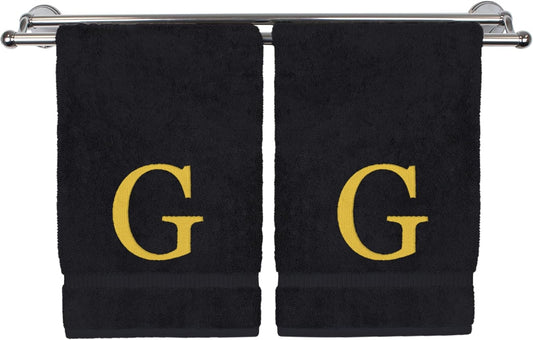 Monogrammed Hand Towel, Personalized Gift, Set of 2- Gold Block Letter Embroidered Towel - Extra Absorbent 100% Turkish Cotton - Soft Terry Finish - Initial G Black