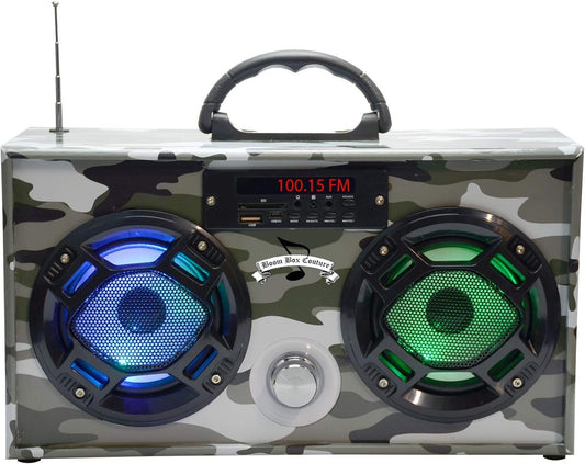 Mini Boombox with LED Speakers – Retro Bluetooth Speaker w/Enhanced FM Radio - Perfect for Home and Outdoor (Green Camo)